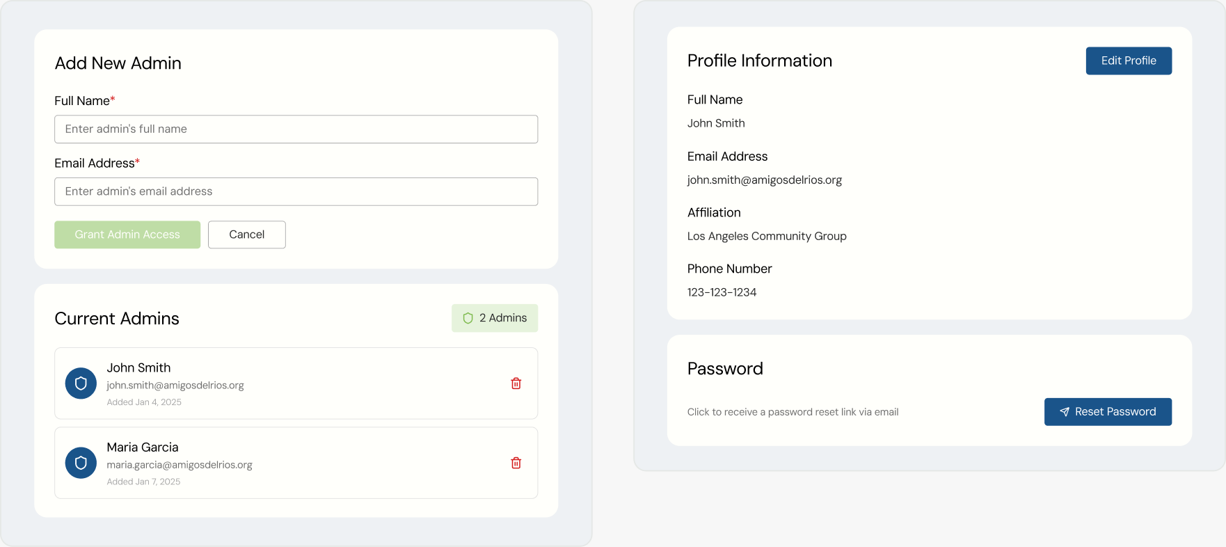 Amigos admin profile and account settings interfaces