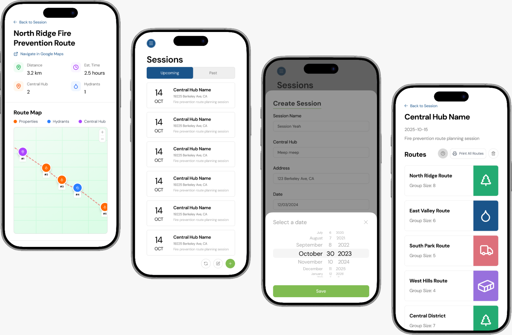 Four Amigos mobile screens for routes, sessions, scheduling, and hub management