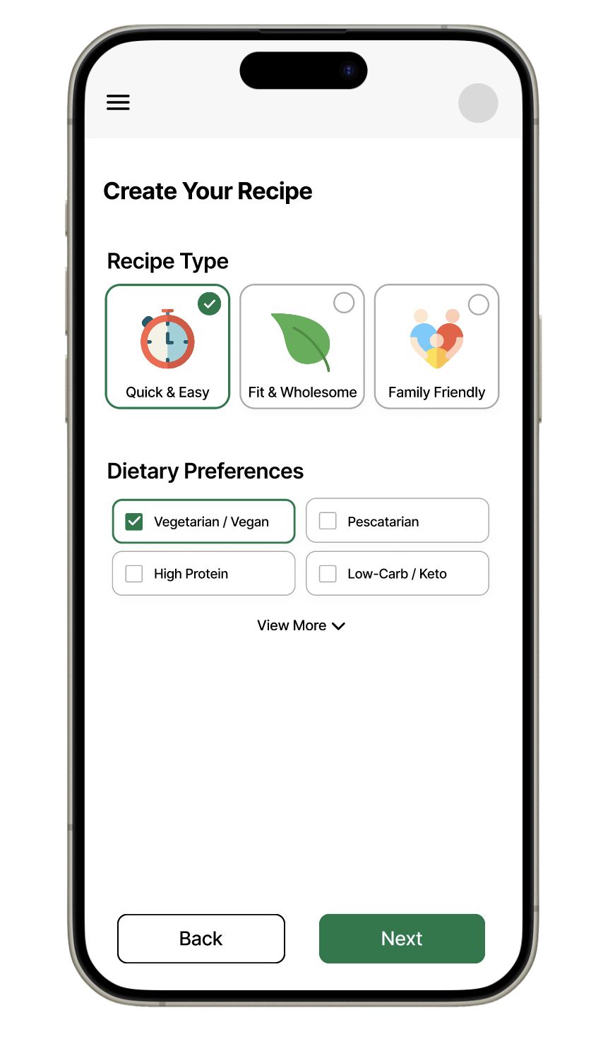Low-fidelity recipe preference flow