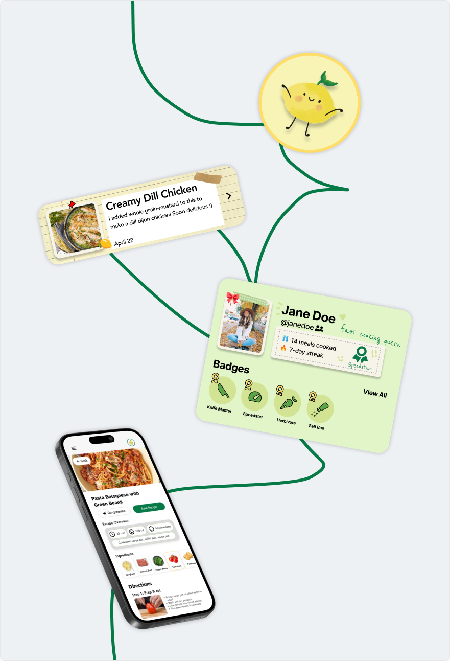 HelloFresh meal-kit concept with Liam the Lemon, meal diary, profile, and mobile recipe experience