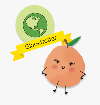 Globetrotter badge with an orange character